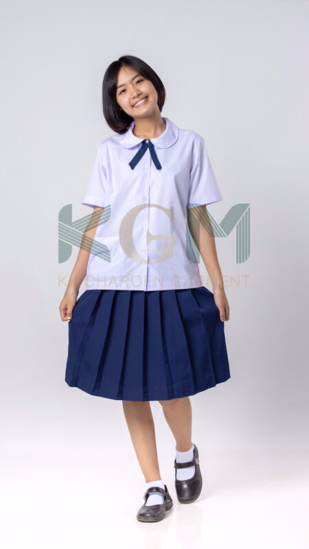 เสื้อปกบัวผ่าตลอด+กระโปรงจีบรอบ